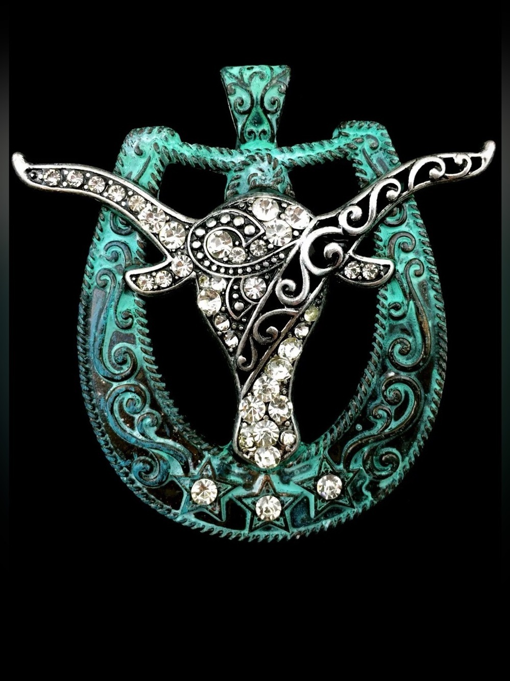 NWT Longhorn Stars Western Magnetic Rhinestone Pendant in Silver and Patina